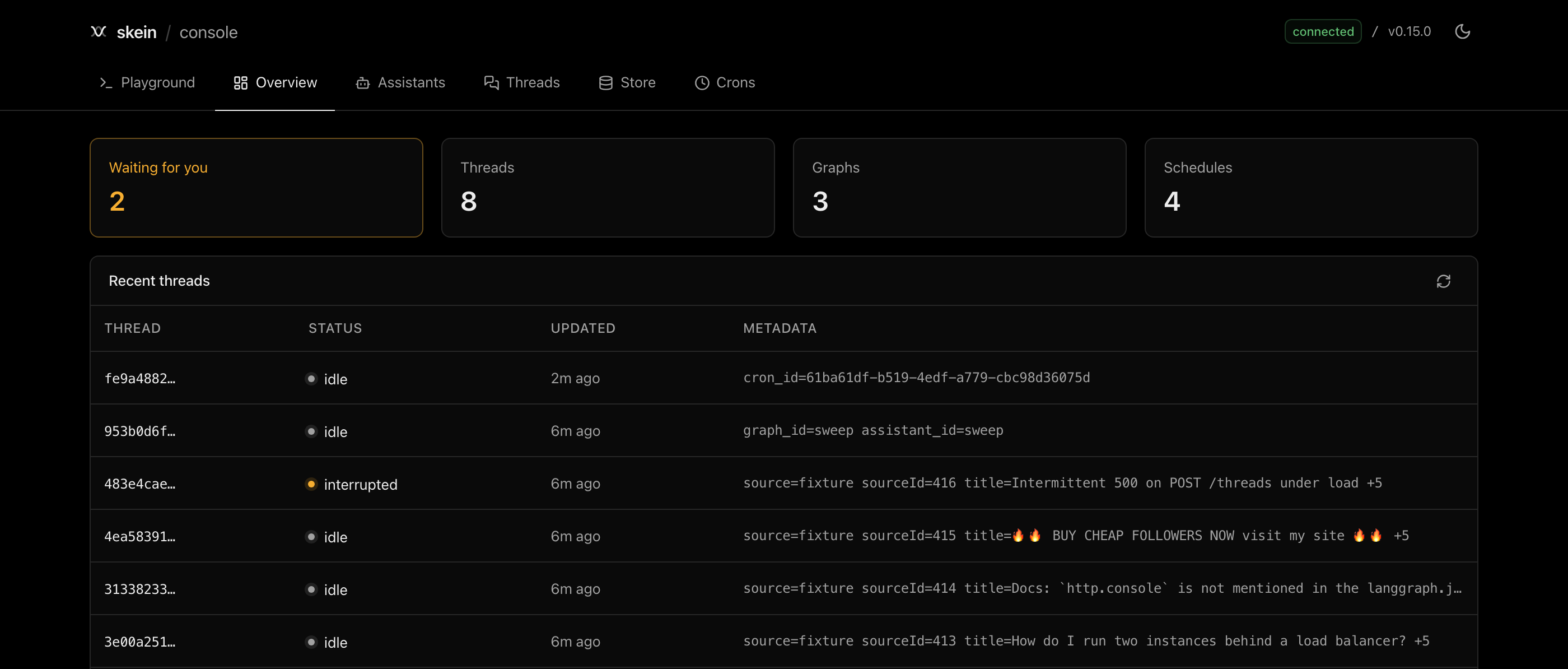 The skein console: two conversations waiting on a human, live counts, and recent activity