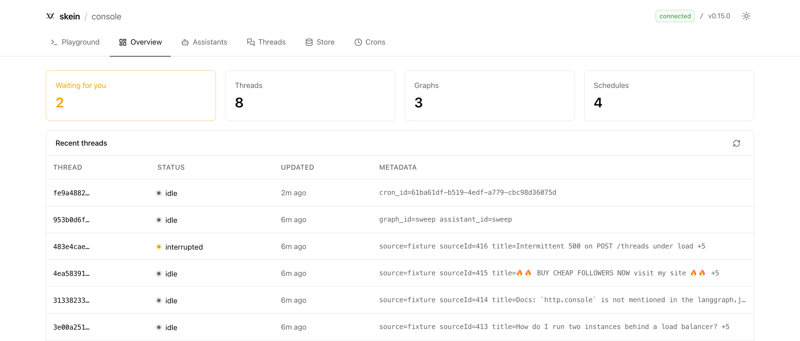 The skein console: two conversations waiting on a human, live counts, and recent activity