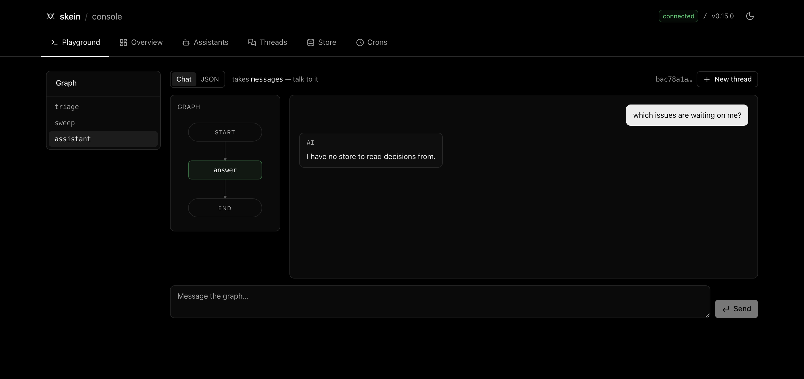 The console playground: a graph picker, the live graph diagram with the visited node highlighted, and a chat transcript