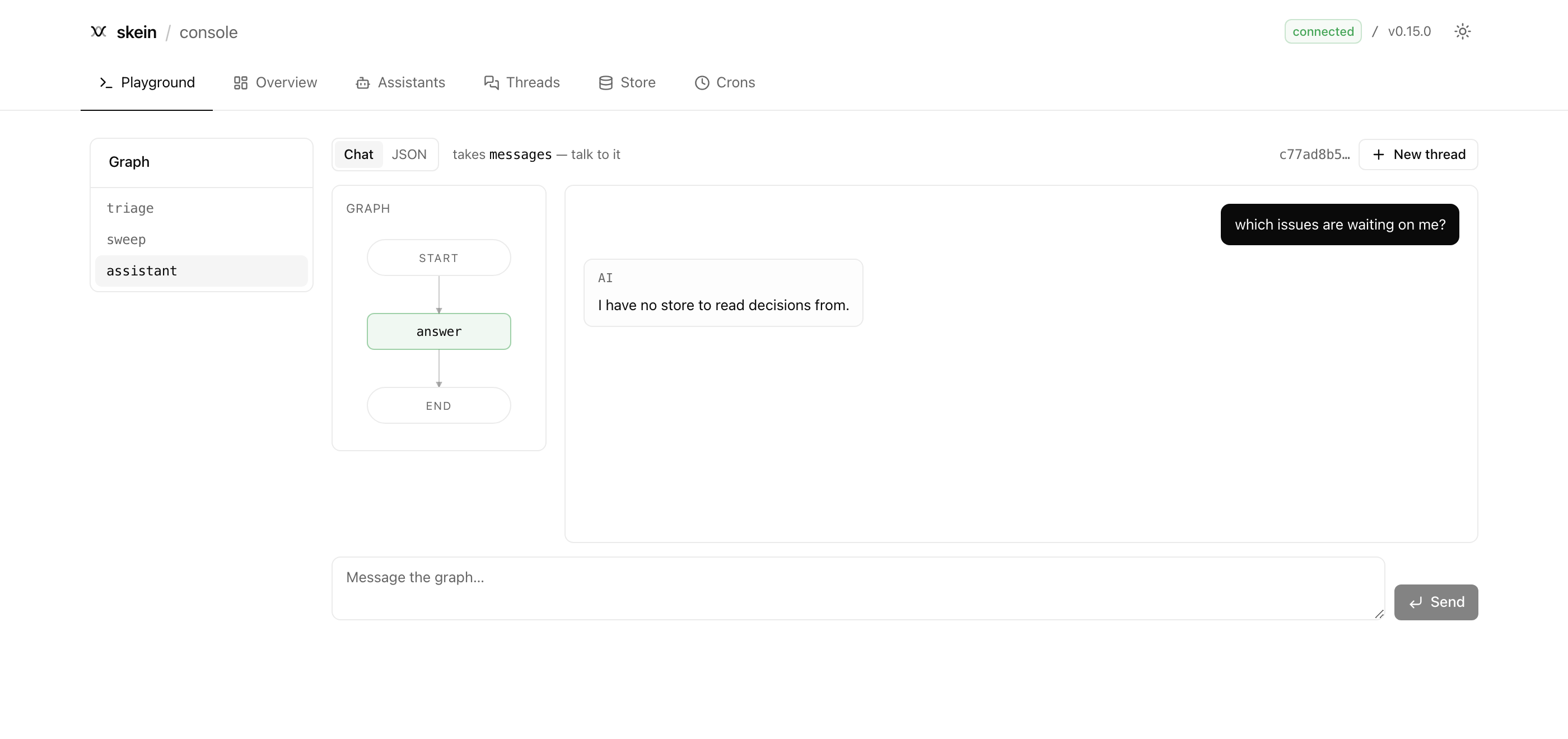 The console playground: a graph picker, the live graph diagram with the visited node highlighted, and a chat transcript