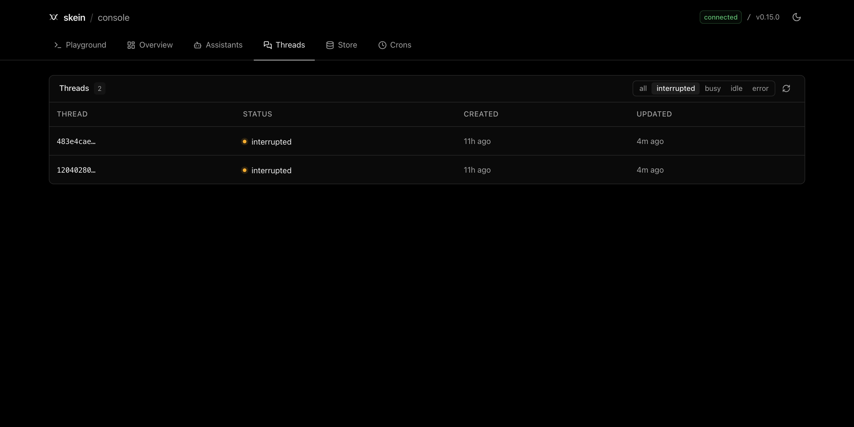 The threads list filtered to interrupted