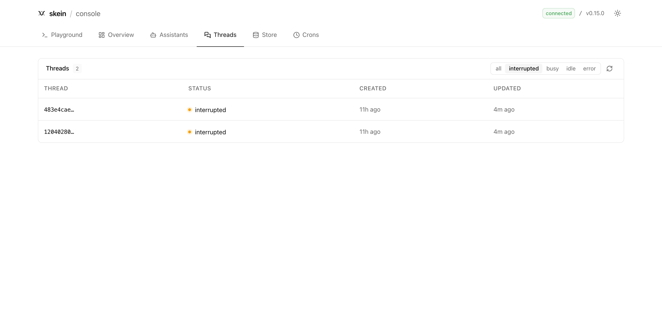 The threads list filtered to interrupted